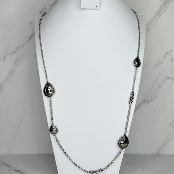 Chico's Silver Tone Hammered Metal Teardrop Station Long Chain Necklace ✨ - Picture 1 of 14